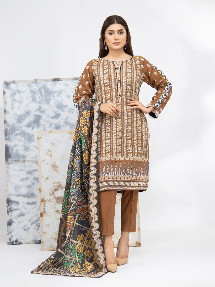 A-WU3PS22-006 Unstitched Brown Printed Lawn 3 Piece