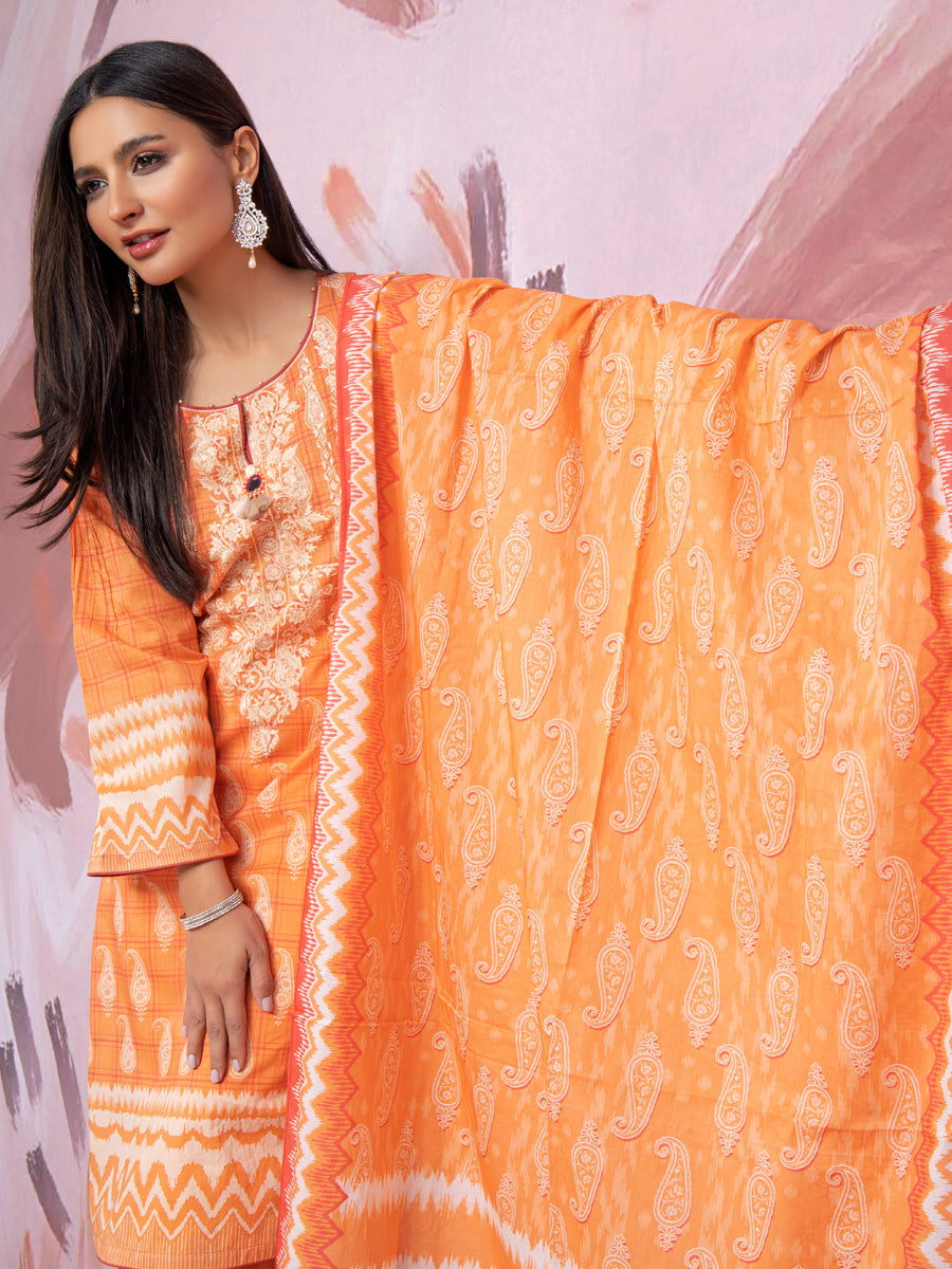 A-WU3PS22-059 Unstitched Orange Embroidered Lawn 3 Piece