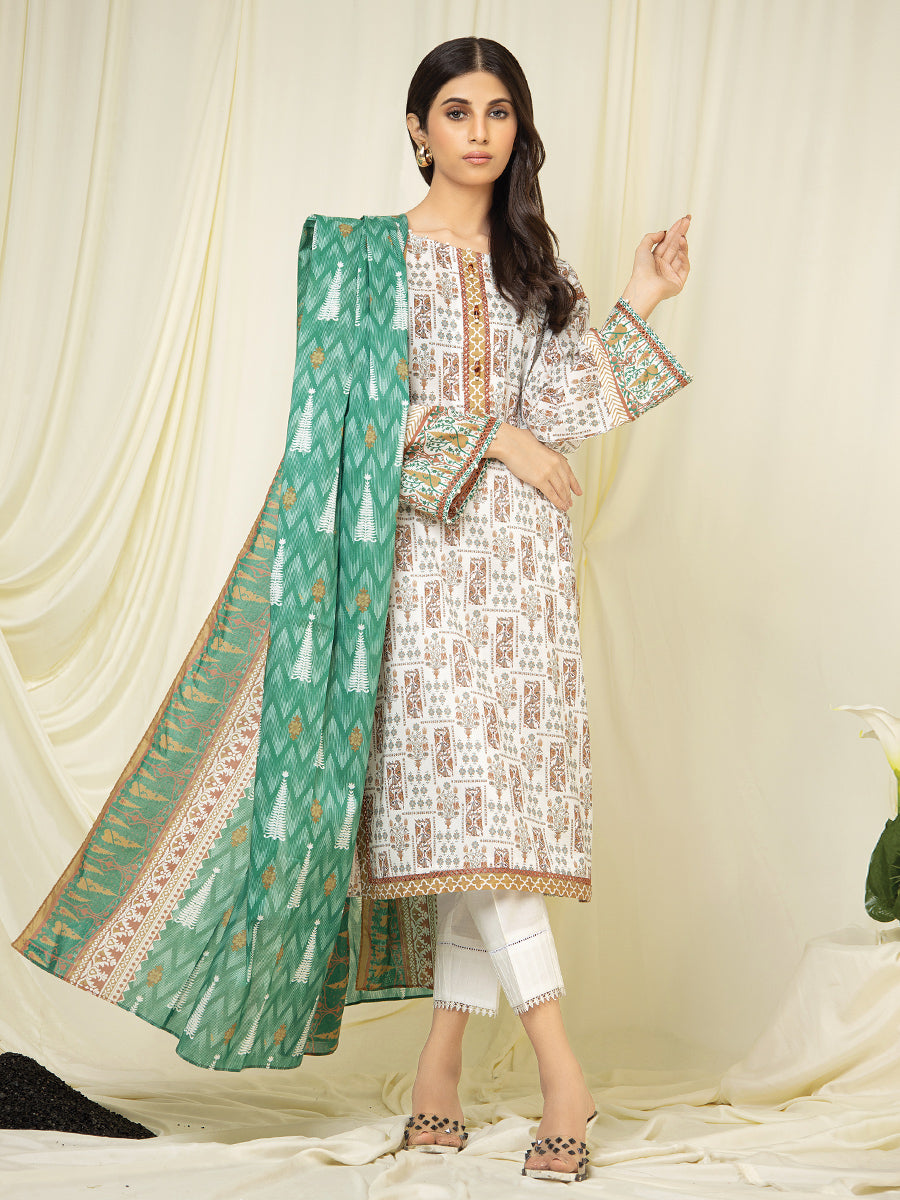 A-WUSDS22-106 Unstitched Off White Printed Lawn 2 Piece