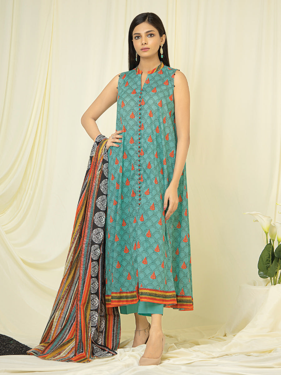 A-WU3PS22-149 Unstitched Green Printed Lawn 3 Piece