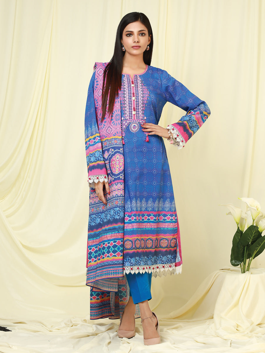 A-WU3PS22-201 Unstitched Blue Embroidered Lawn 3 Piece