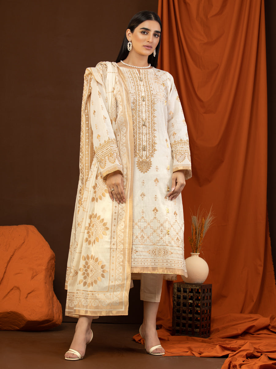 A-WU3PS22-235 Unstitched White Embroidered Jacquard 3 Piece