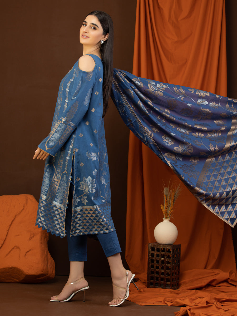 A-WU3PS22-239 Unstitched Blue Embroidered Jacquard 3 Piece