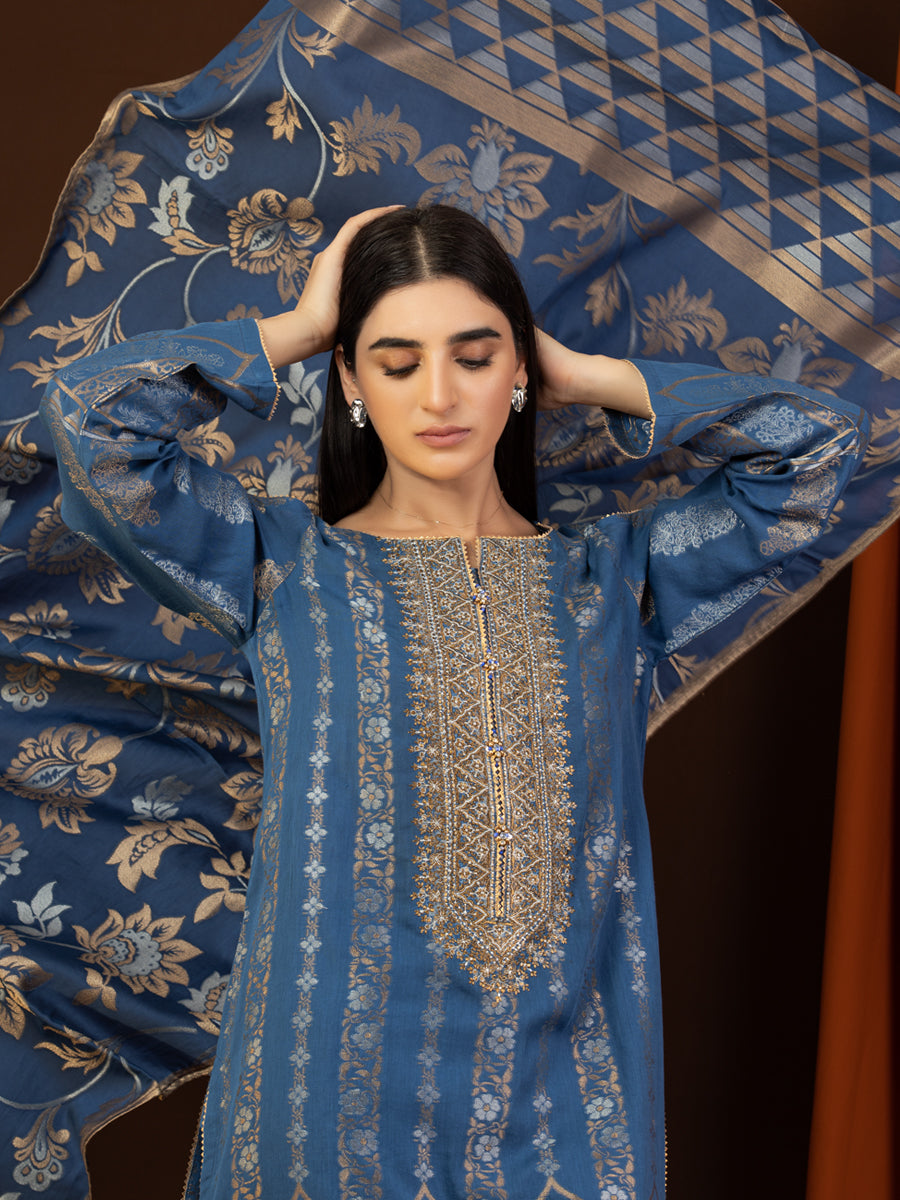 A-WU3PS22-239 Unstitched Blue Embroidered Jacquard 3 Piece