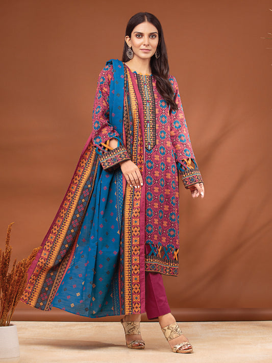 A-WU3PWK22-436 Unstitched Blue and Brown Printed Khaddar 3 Piece