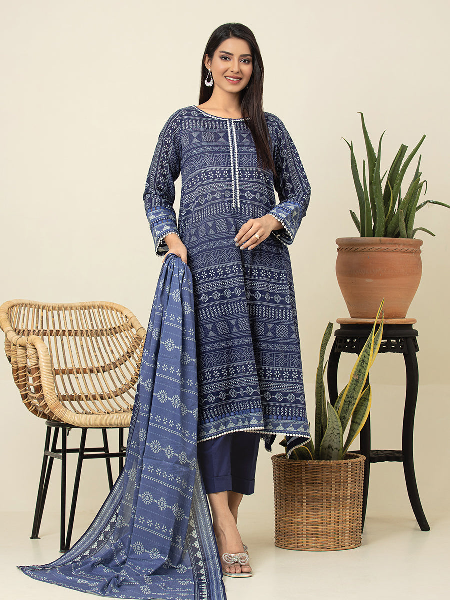 A-WU3PML23-22658 Unstitched Navy Blue Printed Lawn 3 Piece