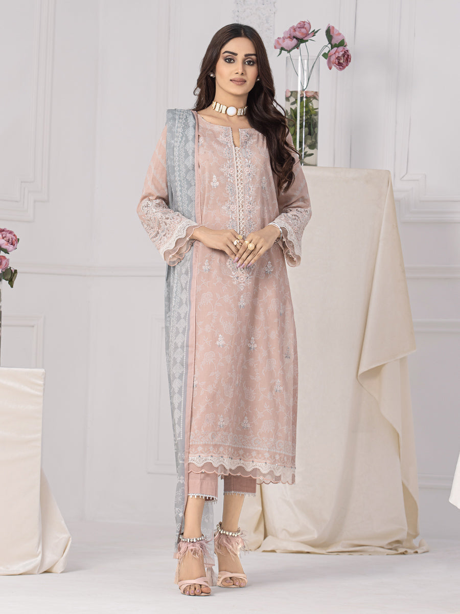 A-WU3P23-22757 Unstitched Peach Embroidered Lawn 3 Piece