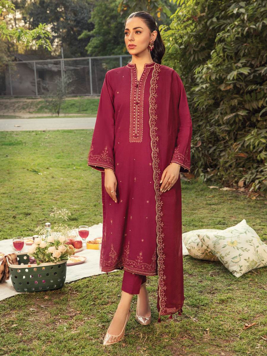 A-WU3P23-22802 Unstitched Maroon Embroidered Cross Hatch 3 Piece