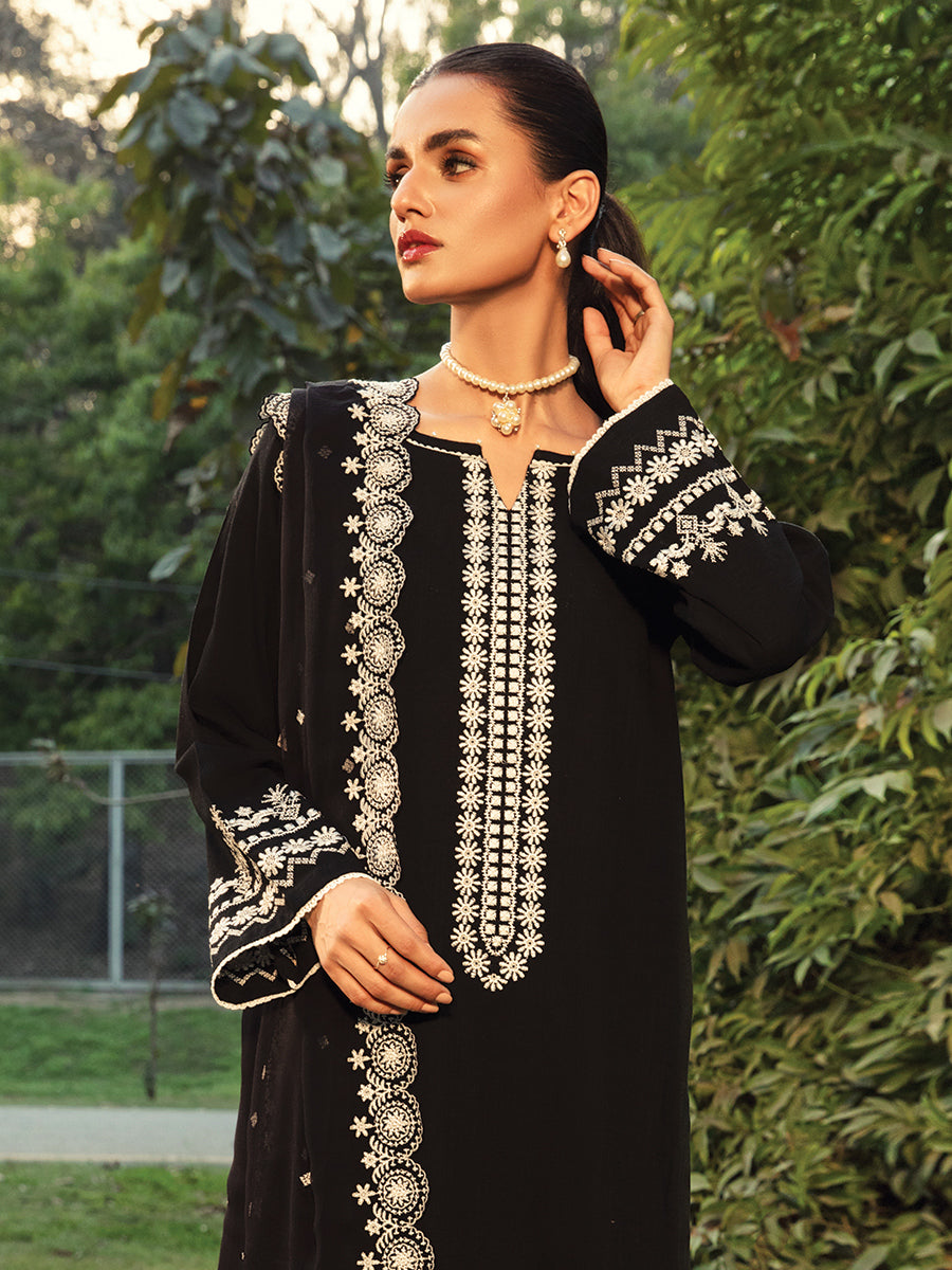 A-WU3P23-22803 Unstitched Black Embroidered Cross Hatch 3 Piece