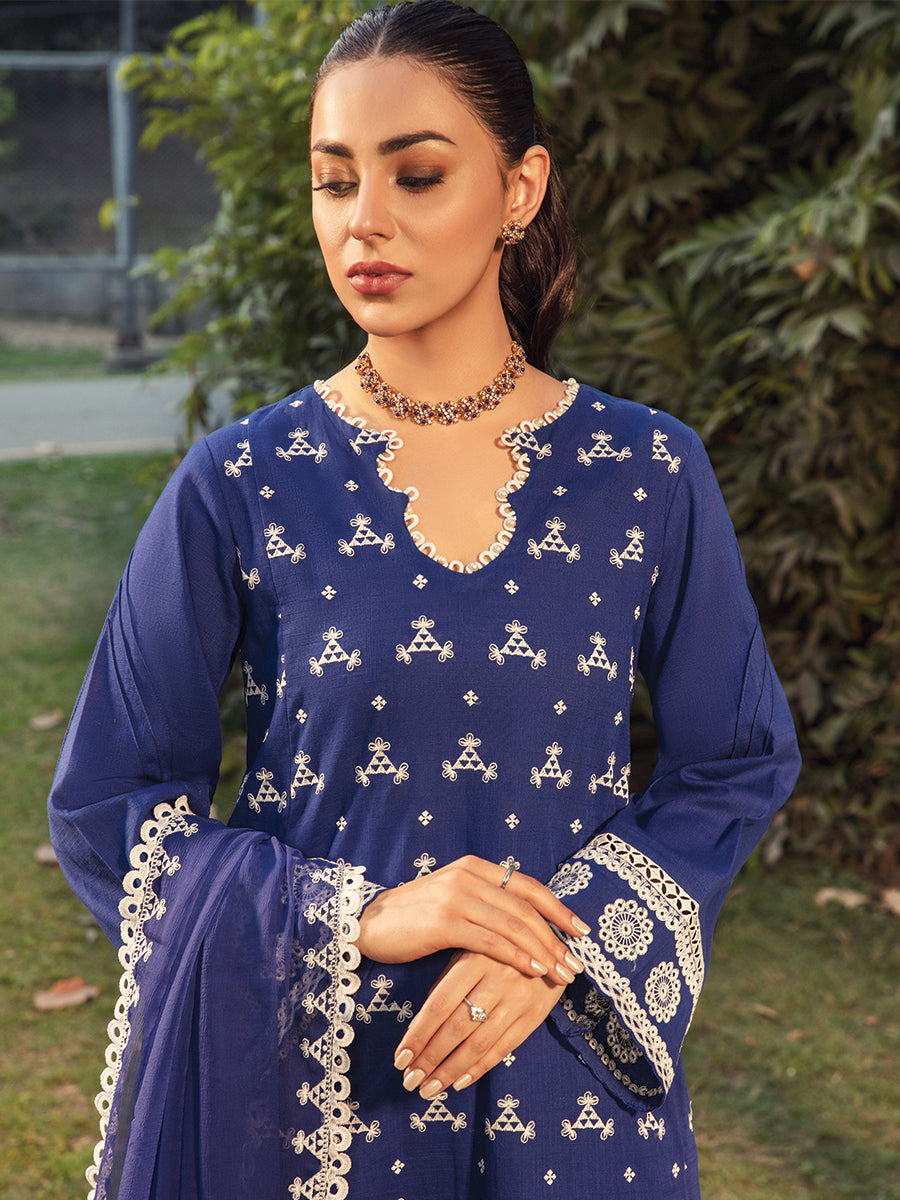 A-WU3P23-22809 Unstitched Royal Blue Embroidered Cross Hatch 3 Piece