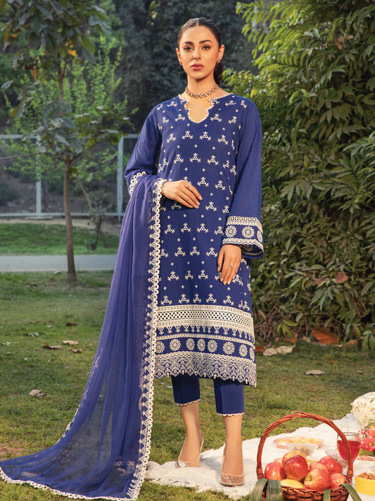 A-WU3P23-22809 Unstitched Royal Blue Embroidered Cross Hatch 3 Piece