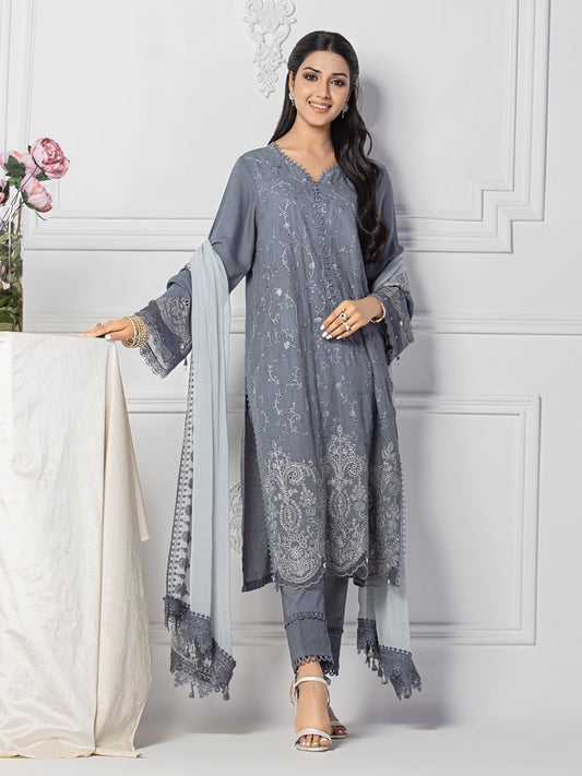Unstitched 3Pc Embroidered Dobby Suit - A-WU3P23-22770