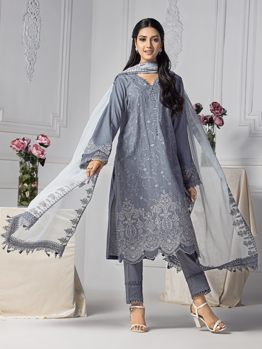 Unstitched 3Pc Embroidered Dobby Suit - A-WU3P23-22770