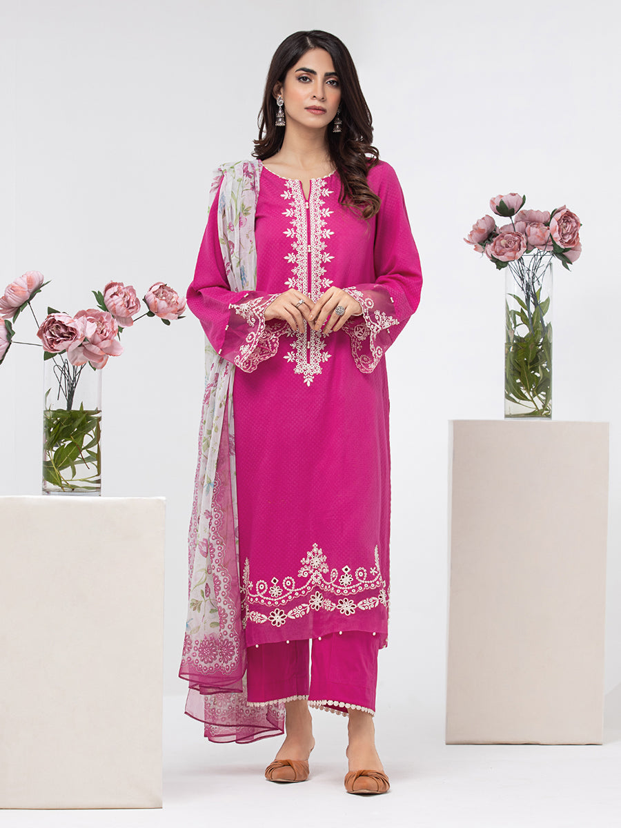 Unstitched 3Pc Embroidered Dobby Suit - A-WU3P23-22797