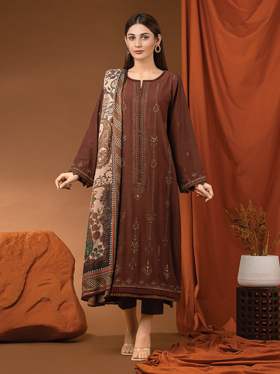 A-WU3PWT22-571 Unstitched Rust Embroidered Twill 3 Piece
