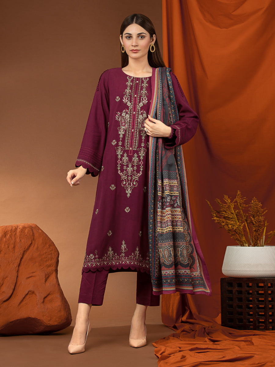 A-WU3PWT22-573 Unstitched Maroon Embroidered Twill 3 Piece