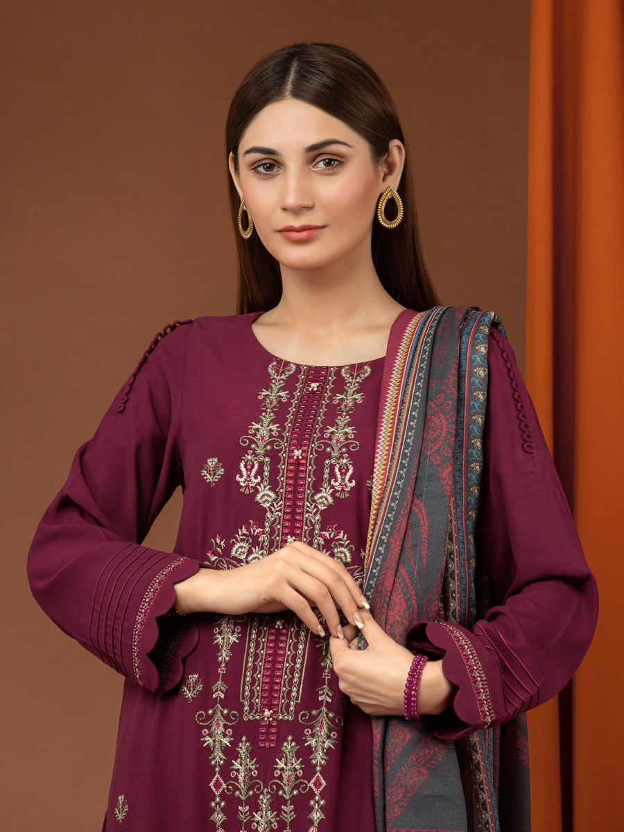 A-WU3PWT22-573 Unstitched Maroon Embroidered Twill 3 Piece