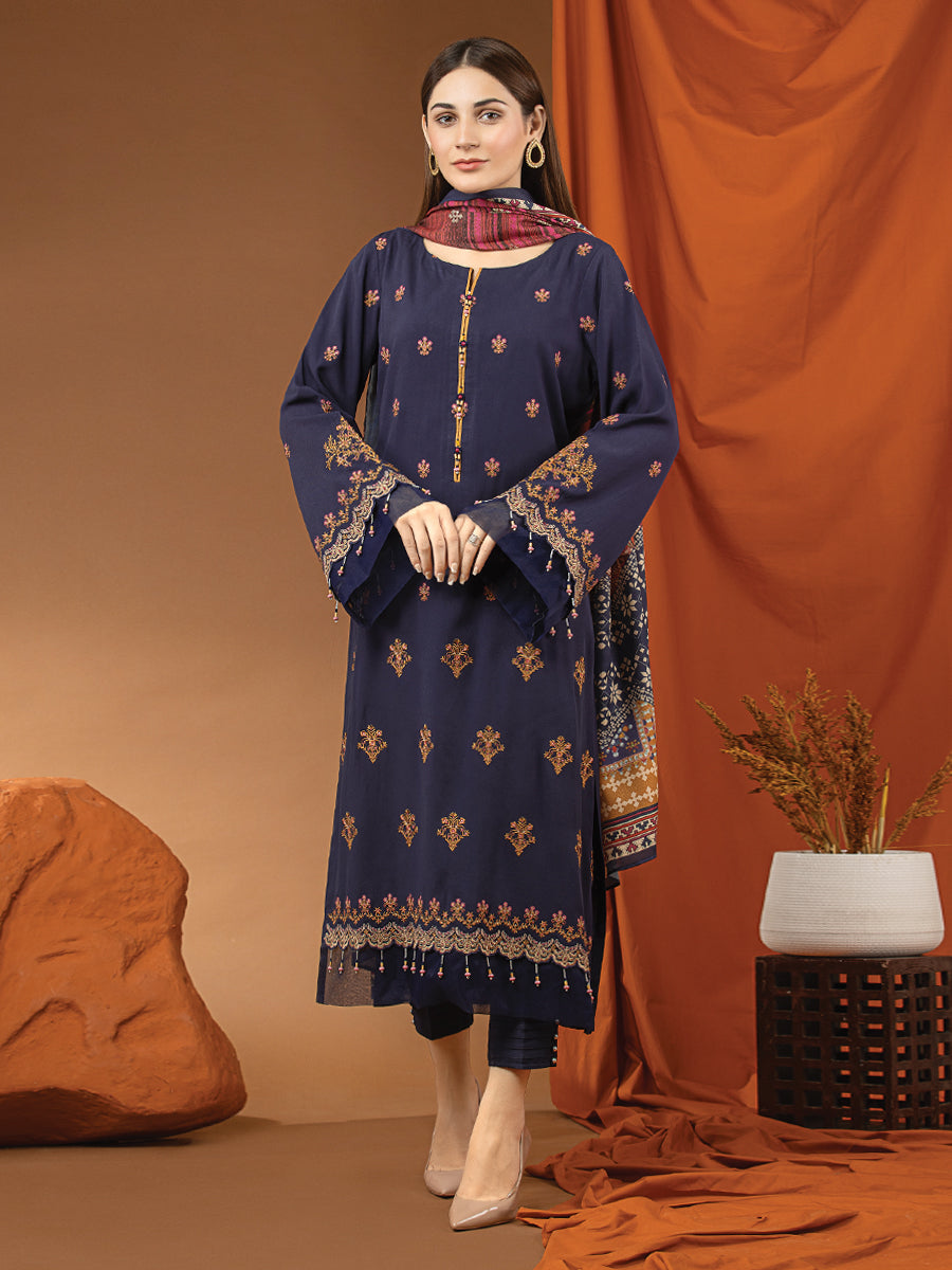 A-WU3PWT22-574 Unstitched Dark Blue Embroidered Twill 3 Piece