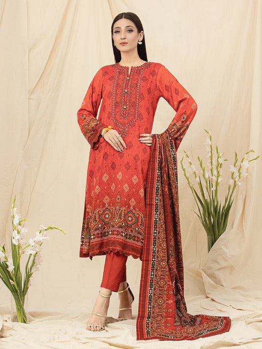 A-WU3PWV22-568 Unstitched Cherry Red Embroidered Viscose 3 Piece