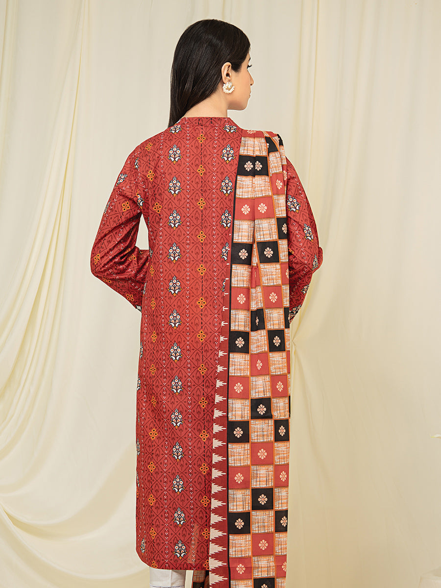 A-WUSDML23-22119 Unstitched Red Printed Lawn 2 Piece